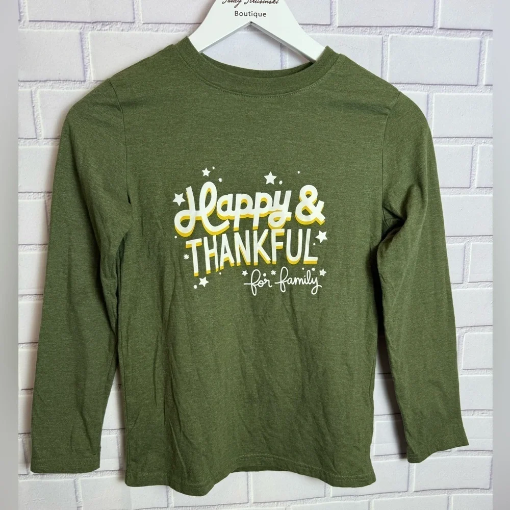 Cat & Jack Green 'Happy & Thankful' Long Sleeve Tee Thanksgiving/size M